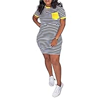 Women's Crew Neck Short Sleeve Striped Bodycon T-Shirt Mini Dress with Pocket