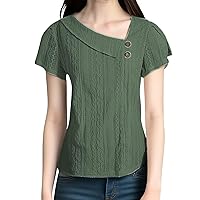 Womens Short Sleeve Shirt Ruched Tops for Women Solid Color Button Patchwork Fashion Trendy with Short Sleeve Irregular Sleeve Blouses Army Green X-Large