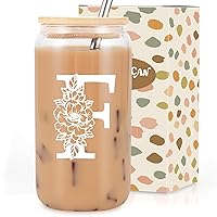 Coolife Initial Glass Cup, Monogrammed Gifts for Women, 16 oz Glass Cups w/Lids Straws, Iced Coffee, Smoothie, Beer Glass Tumbler w/Straw Lid - Personalized Mothers Day, Birthday Gifts for Her Mom