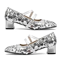 Block Mid Heel Mary Jane Pumps for Women Two Strap with Buckle Closed Round Toe Sequin Pump Shoes Dressy Comfortable Party Wedding Event Prom Casual Walking