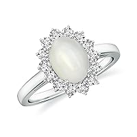 Natural Moonstone Princess Diana Halo Ring for Women Girls in Sterling Silver / 14K Solid Gold/Platinum