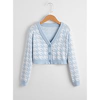 Girls Houndstooth Pattern Cardigan (Color : Blue and White, Size : 11-12Y)