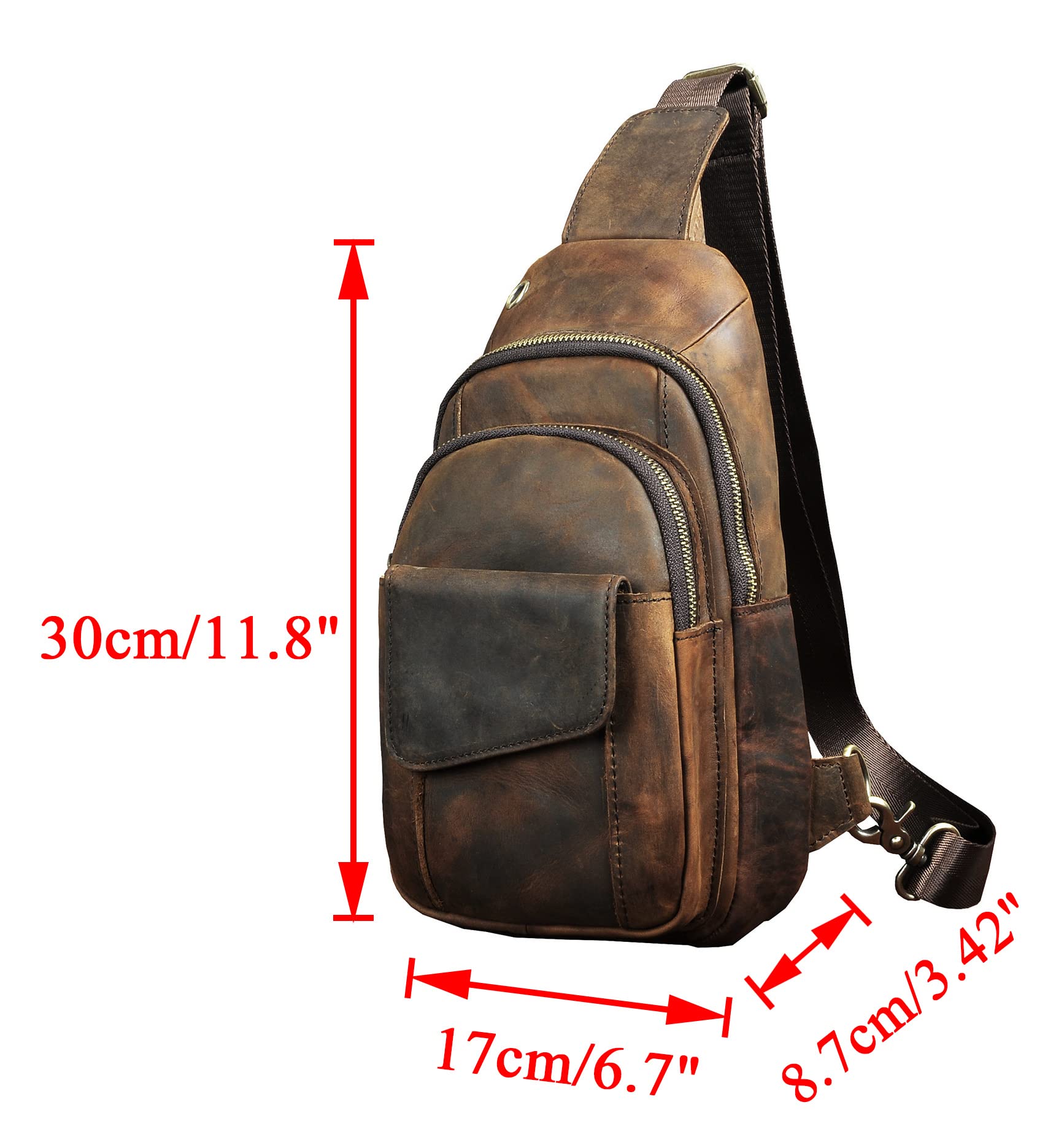 Le'aokuu Men Outdoor Casual Travel Hiking Tea Crossbody Chest Sling Bag Rig One Shoulder Strap Bag Backpack Men Leather (A 8013 Small Size Dark Brown)