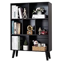 YAHARBO Black Bookshelf,3 Tier Modern Bookcase with Legs,Bookshelves Wood Storage Shelf, Open Book Shelves Cube Organizer,Freestanding Short Bookcases