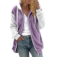 Women Fuzzy Fleece Jacket Color Block Patchwork Hooded Coats Fluffy Sherpa Outerwear with Pockets