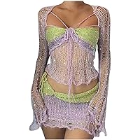 Women's Sequin Crochet 3 Piece Outfits Y2K Long Sleeve Crop Top Knitted Fashion Sparkle Mini Skirts Sexy Clubwear