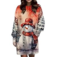 Women's Plus Size Christmas Dress Fashion Casual Dress Long Sleeve Round Neck Pocket Printed Dress, S-3XL