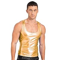 Men's Metallic Shirts Shiny Slim Fit Stretch Top Sleeveless Racer Back Tank Tops Club Party