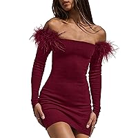 BTFBM Women's Off Shoulder Bodycon Dress Feather Long Sleeve Ribbed Knit Elegant Cocktail Evening Party Mini Dresses