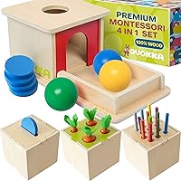 QUOKKA Montessori Toys for 1 2 Year Old - 4 Set Wooden Toys for Babies 6-12 Months | Object Permanence | Coin Box | Carrot Harvest | Color Matching Sticks | Shape Sorter | Ball Drop Learning