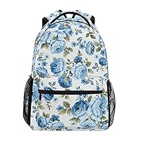 ALAZA Rose Blue Flower Floral Backpack Purse with Multiple Pockets Name Card Personalized Travel Laptop School Book Bag, Size M/16.9 inch