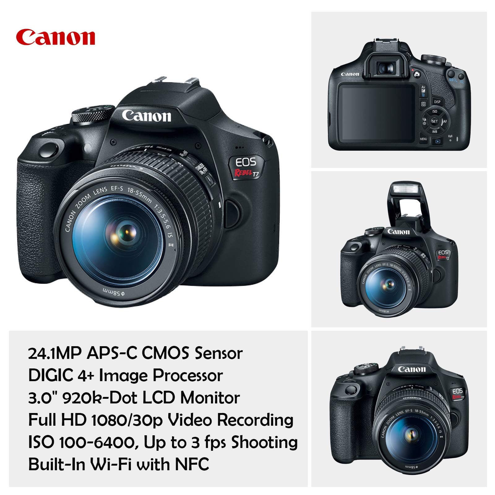 Canon EOS Rebel T7 DSLR Camera with 18-55mm is II Lens + Canon EF 75-300mm f/4-5.6 III Lens and 500mm Preset Lens + 32GB Memory + Filters + Monopod + Professional Bundle
