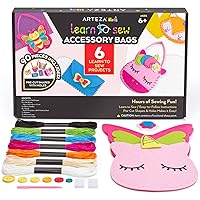 Arteza Kids Hand Sewing Kit, 6 Learn to Sew Accessory Bags, 90 Pieces, Pre-Cut Felt Shapes, Felt Sheets, Plastic Needles, Thread, Buttons, and Hook & Loop, Kids Craft Supplies with Instruction Guide