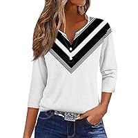 Three Quarter Sleeve Tops Woman Henley Neck Button Loose Fit Plus Sized Blouse 2024 Summer Stripe Cute Tunic Shirts