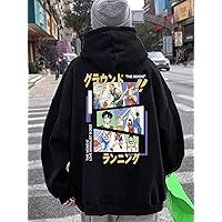 Men Cartoon and Slogan Graphic Thermal Lined Drawstring Hoodie (Color : Black, Size : Large)