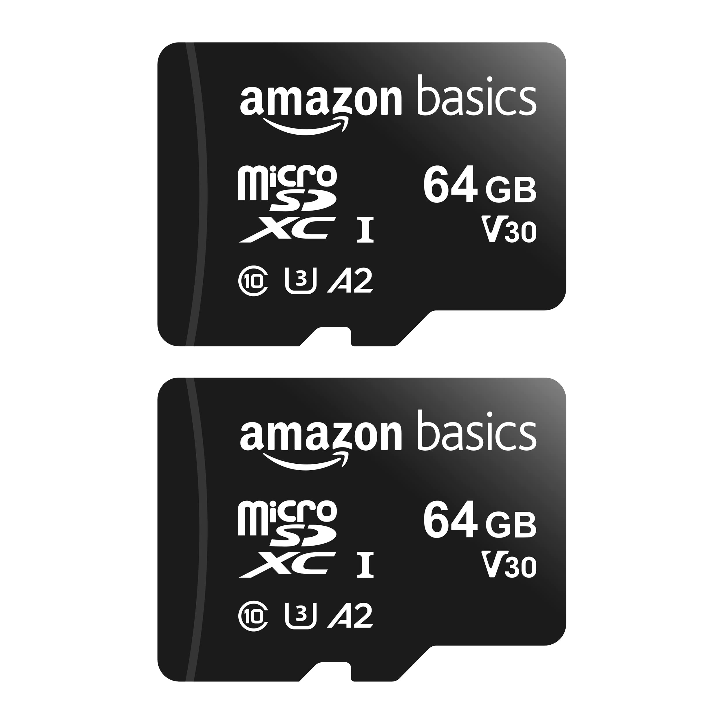Amazon Basics microSDXC Memory Card with Full Size Adapter, A2, U3, Read Speed up to 100 MB/s, 64 GB, Pack of 2, Black