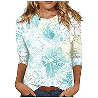 Festival Classic Loungewear Tees Lady Plus Size 3/4 Sleeve Fitted Thin T-Shirts for Women Patchwork Crewneck Turquoise S