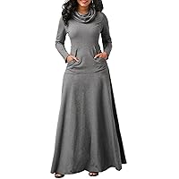 Long Sleeve Turtleneck Maxi Dress for Women Casual Fall Winter Plus Size Solid Color Long Dress with Pockets