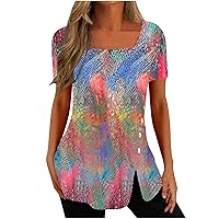 Fashion Tops for Women Dressy Casual Blouse Summer Short Sleeve Square Neck Floral Tees Shirt Split Hem Loose Tunic Tunic Tops to Wear with Leggings Blusas Y Camisas para Mujer