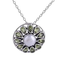 NOVICA Handmade .925 Sterling Silver Peridot Cultured Freshwater Pearl Pendant Necklace Green White India Floral Gemstone Birthstone 'Peridot Petals'