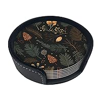 Pine Needle Pattern Print Coasters Set of 6 Coasters for Drinks Leather Car Coasters Round Heat-Resistant Cute Tea Cup Coasters Suitable for Kinds of Cups