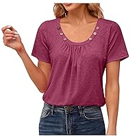Women's Pleated Dressy Blouses Summer Casual Scoop Neck Button Decor Short Sleeve Shirts Cute Plain Loose Tunic Tops