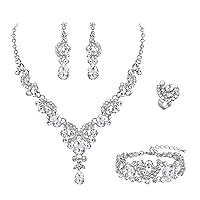 EVER FAITH Rhinestone Crystal Bridal Floral Wave Teardrop Necklace Earrings Set