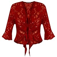 Women's Plus Size Tie Up 3/4 Flared Bell Sleeve Lace Sequin Bolero Shrug Top (US 8-10 to 20-22)