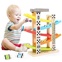 Montessori Toy for 1-3 Years Old Boys and Girls, Kid Wooden Race Track Car, Toddler Ramp Racer Set with 5 Mini Cars & 5 Ramps, Perfect for Babies' Birthday Gifts, Visit Gifts
