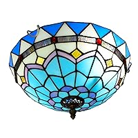 Stained Glass Round Ceiling Lamp,Mediterranean Blue Ceiling Light Flush Mount, E27 Bulb, Decoration Ceiling Lighting Fixtures for Bedroom Living Room Hallway,110-240V,30Cm,Blue
