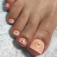 24Pcs Press on Toenails Short Square Fake Toenails Glue on Nails Nude Toe Nails with Star Design Full Cover False Toenails with Glue Stick on Toenails for Women and Girls