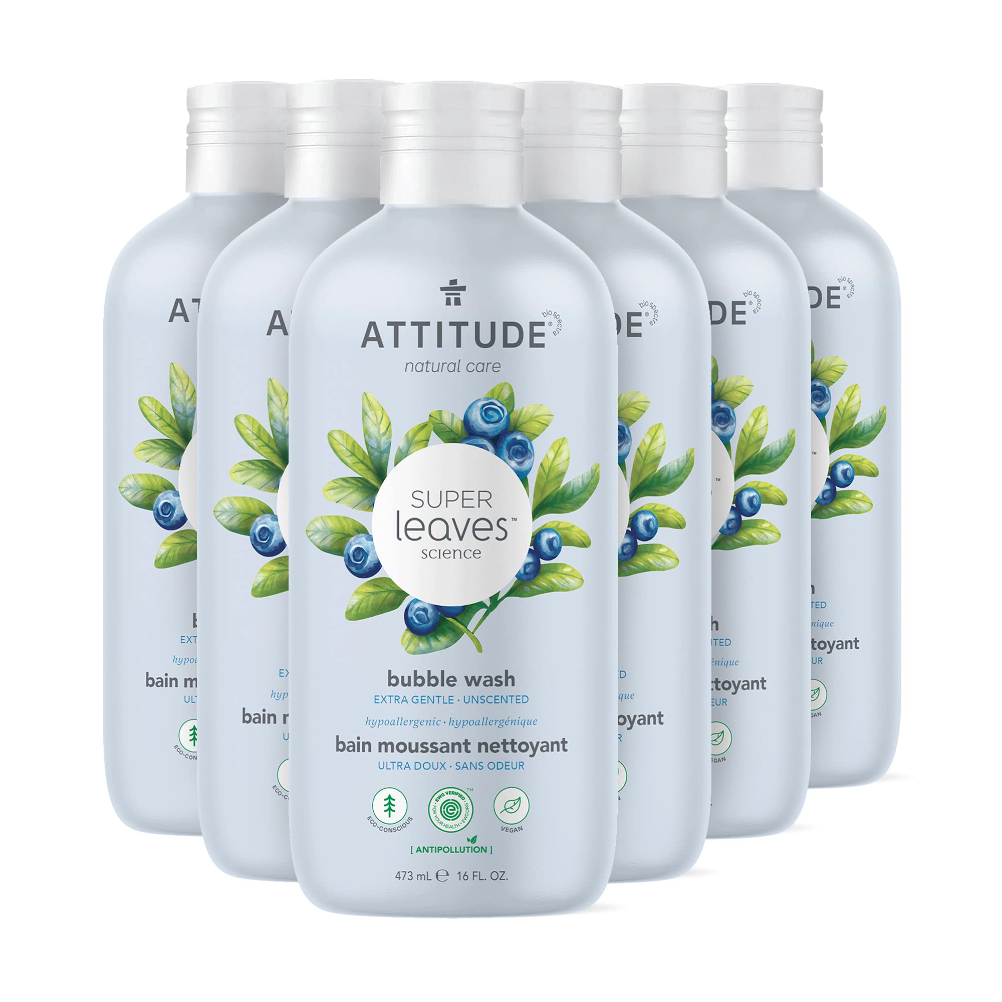 ATTITUDE Bubble Bath, Plant and Mineral-Based Ingredients, Dermatologist-Tested, Vegan and Cruelty-Free Body Care Products, Unscented, 16 Fl Oz (Pack of 6)