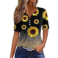 Womens Tops Dressy Casual Casual Sunflower Print V-Neck Short Sleeve Decoration Button T-Shirt Top