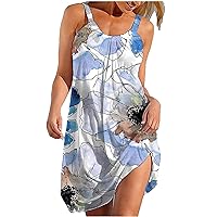 Women's Bohemian Casual Summer Sleeveless Knee Length Flowy Beach Foral Print Hawai Round Neck Trendy Dress Swing