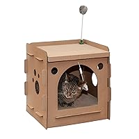 Furhaven Cardboard Cat House w/ Catnip for Indoor Cats, Ft. Scratching Pads & Toys - Modern Condo Corrugated Cat Scratcher Hideout - Cardboard Brown, One Size