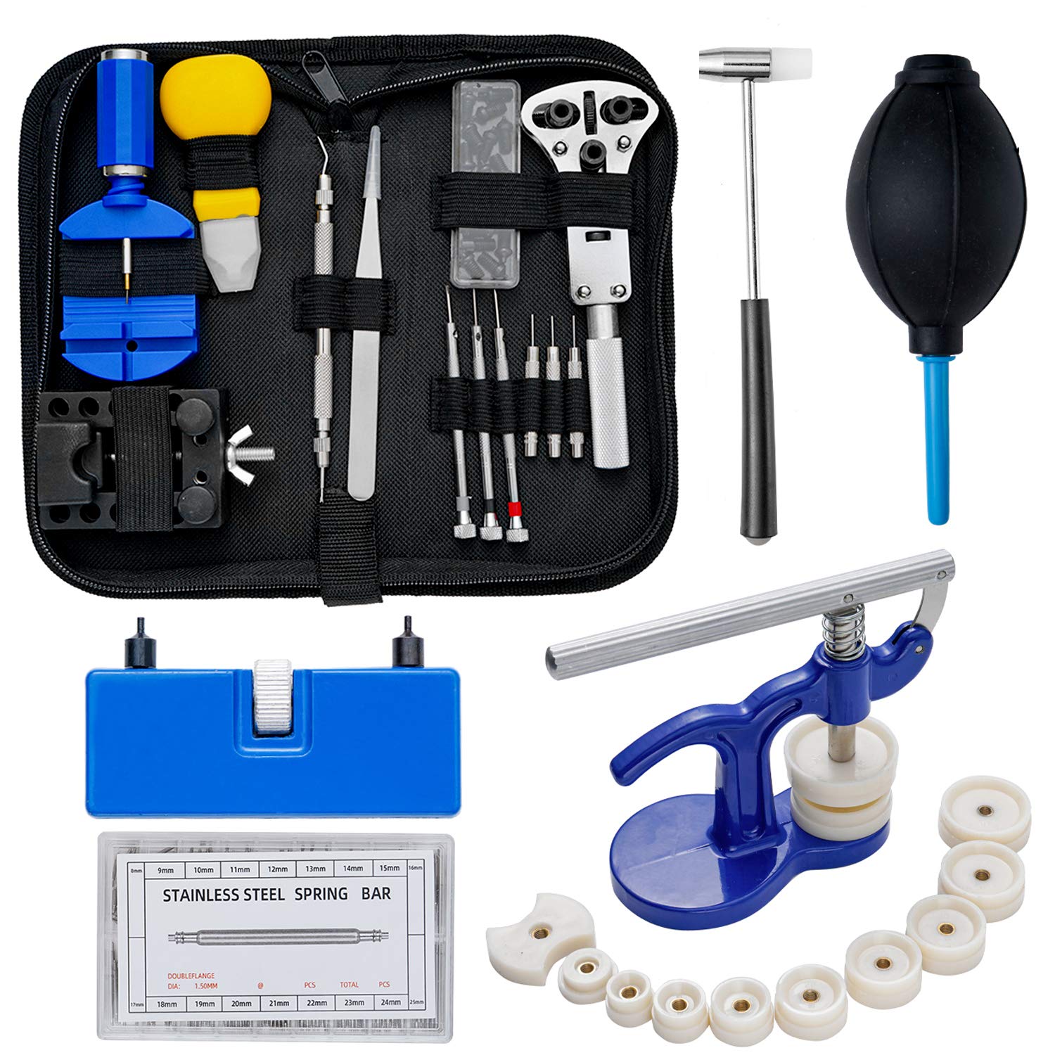 Watch Repair Tool Kit Professional - Watch Repair Kit Including Watch Press Kit, Watch Battery Replacement Kit, Larger Rubber Dust Blowers, Spring Bars,Watch Band Link Pins with Carrying Case (406pcs)