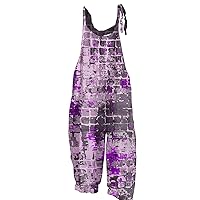 Jumpsuits for Women Summer Casual Floral Printed Rompers Shoulder Strap Cotton Linen Baggy Overalls with Pockets