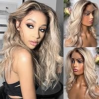 10A Ombre Ash Blonde Brazilian Human Hair Wavy 13X4 Lace Front Wigs With Dark Roots Glueless Transparent HD Natural Wave 13X6 Lace Front Human Hair Wigs Pre Plucked Baby Hair For Women-24inch 150% 13X6 Lace Front Wig