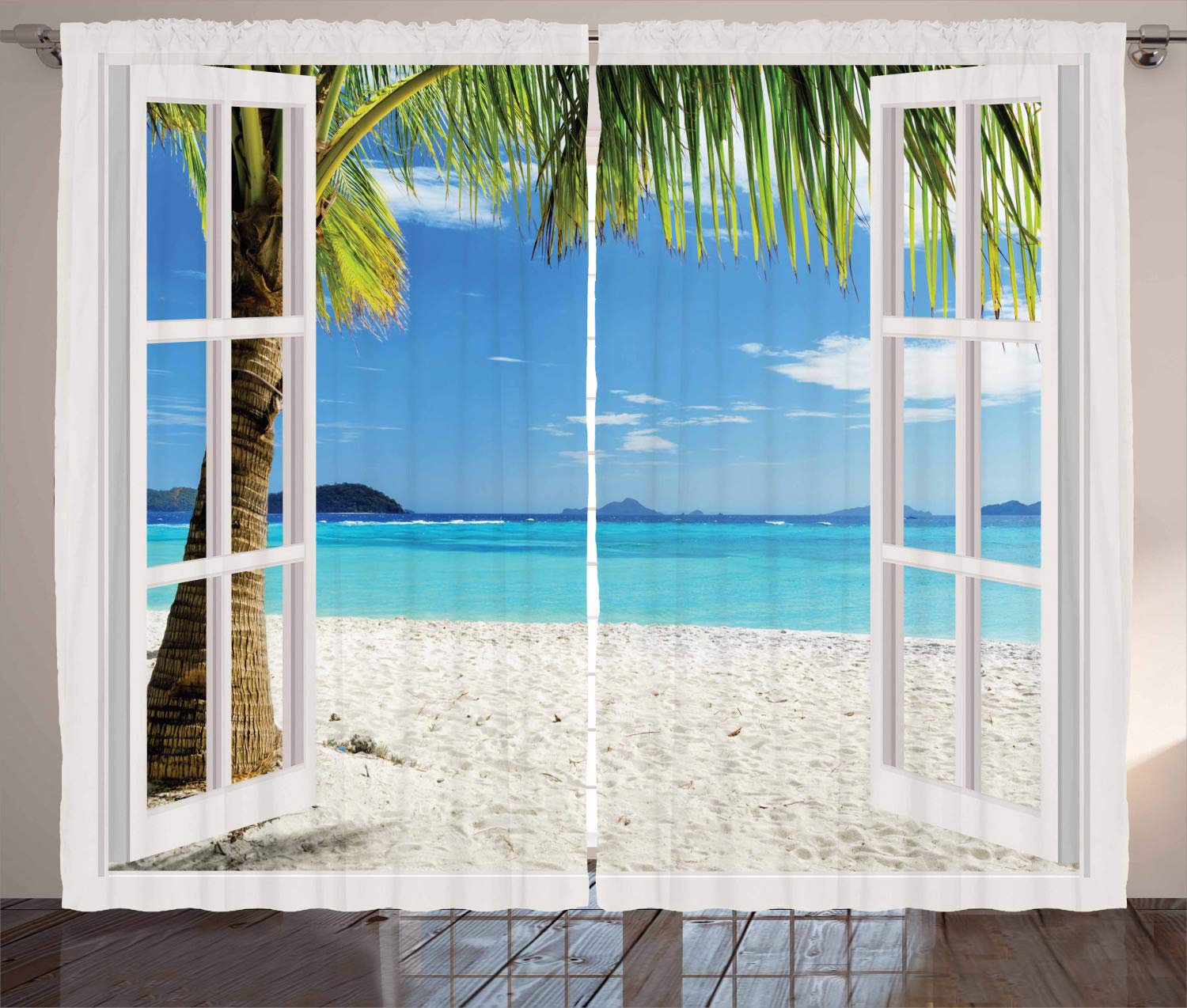Ambesonne Turquoise Curtains, Tropical Palm Trees on Island Ocean Beach Through White Wooden Windows, Living Room Bedroom Window Drapes 2 Panel Set...