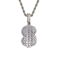 DOLLAR SIGN Money Chase Bag Custom Pendant Baguette Iced Diamond cz Necklace Men Women 925 Italy Finish Iced Silver Charm Ice Out Pendant Stainless Steel Real 3 mm Rope Chain, Rope Necklace