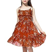 Girls Summer Spaghetti Strap Off Shoulder Floral Dress Chiffon Ruffle Swing Dress Bohemian Sundress