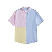 Verdusa Men's Colorblock Stripe Print Button Down Mock Neck Short Sleeve Shirt Tops
