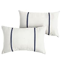 Indoor Outdoor Sunbrella Lumbar Pillows, Set of 2, 12 x 18, Canvas Natural Ivory & Indigo Navy Blue 2 Count