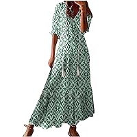 Womens Dresses Summer Flowy Maxi Dresses Beach Casual Half Sleeve Long Dresses Retro Print Boho Dress Travel Dresses