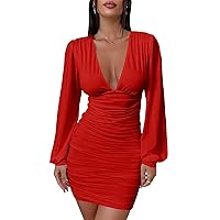 Mokoru Women's Sexy Ruched Bodycon Long Sleeve V Neck Mini Party Cocktail Dress