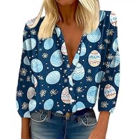 Easter Shirts for Women Fashion 3/4 Sleeve Cute Bunny Eggs Graphic Funny T Shirts Casual Womens Button Up Shirts