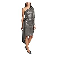 Vince Camuto Womens Ruched Trailing Panel Long Sleeve Asymmetrical Neckline Knee Length Formal Sheath Dress