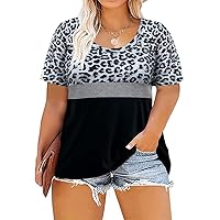 RITERA Plus Size Tops Short Sleeve for Women Summer Leopard Print Tshirt Color Block Tunics Loose Shirts Summer Casual Tees Grey Leopard 4XL