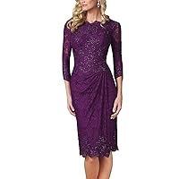 Women's Sheathy Formal Purple Sleeves Short Lace Evening Dress Wedding Party Dress