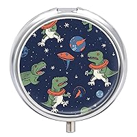 Round Pill Box Portable Pill Case for Pocket Funny Astronaut Dinosaur Rocket Travel Small Pill Organizer 3 Compartment Metal Pill Container Holder for Medicine Vitamins Fish Oil Supplements